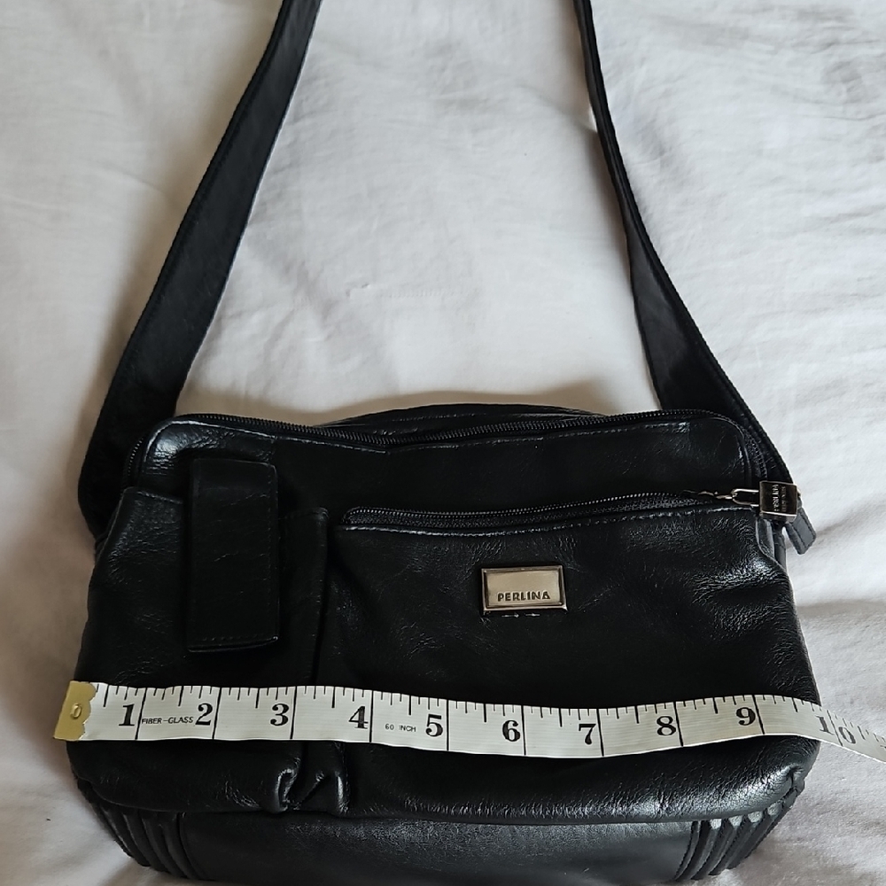 Perlina Black All Leather Multi Compartment Shoulder Bag (10x6x3)